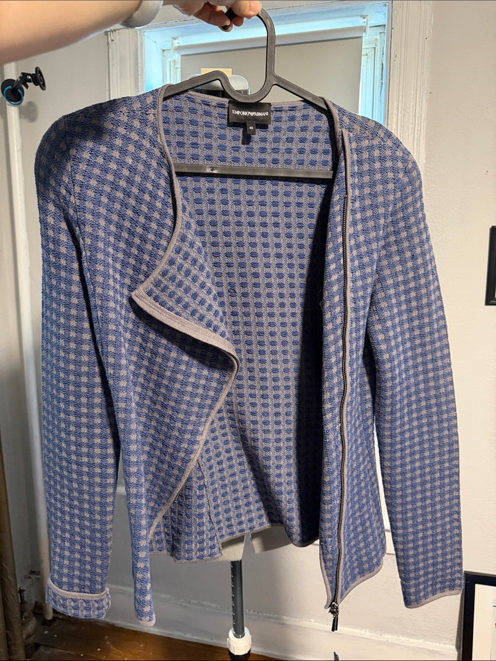 Emporio Armani Blue and Gray Open Front Knit Cardigan